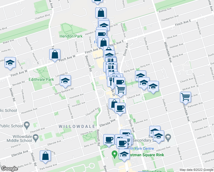 map of restaurants, bars, coffee shops, grocery stores, and more near 5377 Yonge Street in Toronto