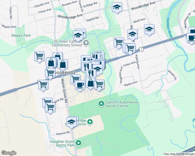 map of restaurants, bars, coffee shops, grocery stores, and more near in Vaughan