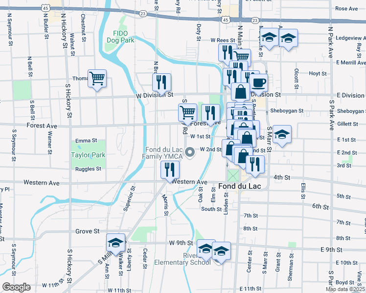 map of restaurants, bars, coffee shops, grocery stores, and more near 108 South Military Road in Fond du Lac