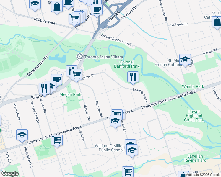 map of restaurants, bars, coffee shops, grocery stores, and more near 68 Fergalea Avenue in Toronto