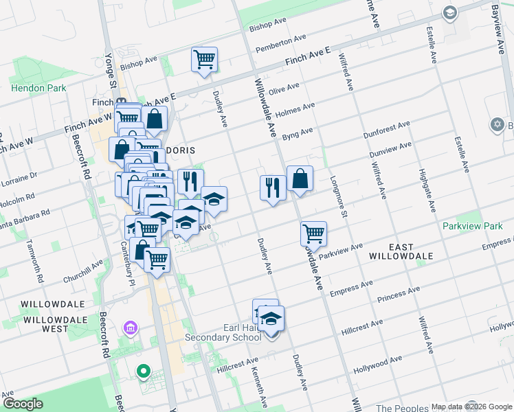 map of restaurants, bars, coffee shops, grocery stores, and more near 116 Church Avenue in Toronto