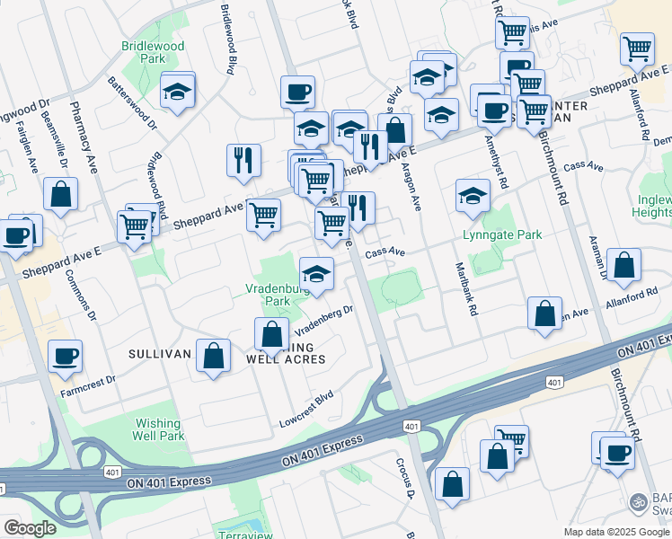 map of restaurants, bars, coffee shops, grocery stores, and more near 125 Palmdale Drive in Toronto
