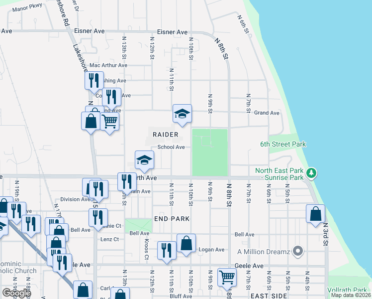 map of restaurants, bars, coffee shops, grocery stores, and more near 8 School Avenue in Sheboygan