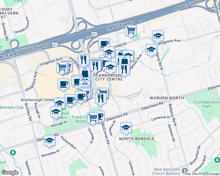 map of restaurants, bars, coffee shops, grocery stores, and more near 114 Grangeway Avenue in Toronto