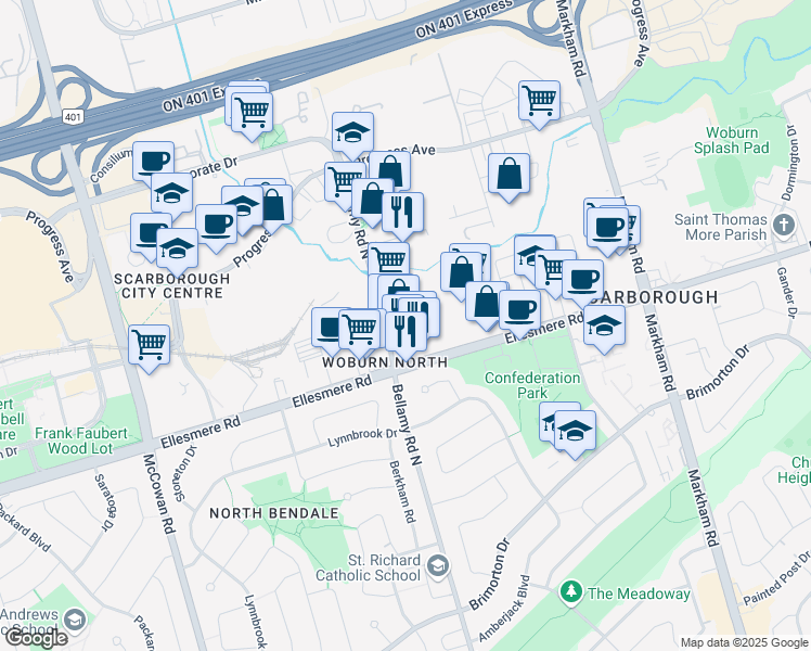 map of restaurants, bars, coffee shops, grocery stores, and more near in Toronto