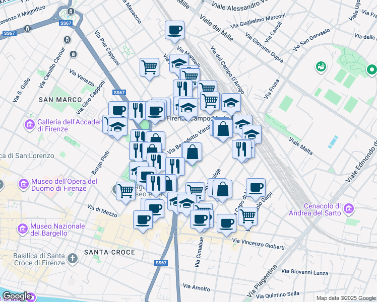 map of restaurants, bars, coffee shops, grocery stores, and more near 19 Via Benedetto Varchi in Firenze
