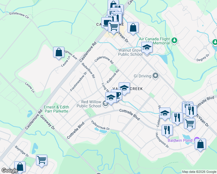 map of restaurants, bars, coffee shops, grocery stores, and more near 6 Mountland Road in Brampton