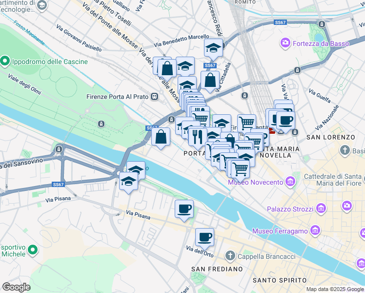 map of restaurants, bars, coffee shops, grocery stores, and more near 7 Via Magenta in Firenze