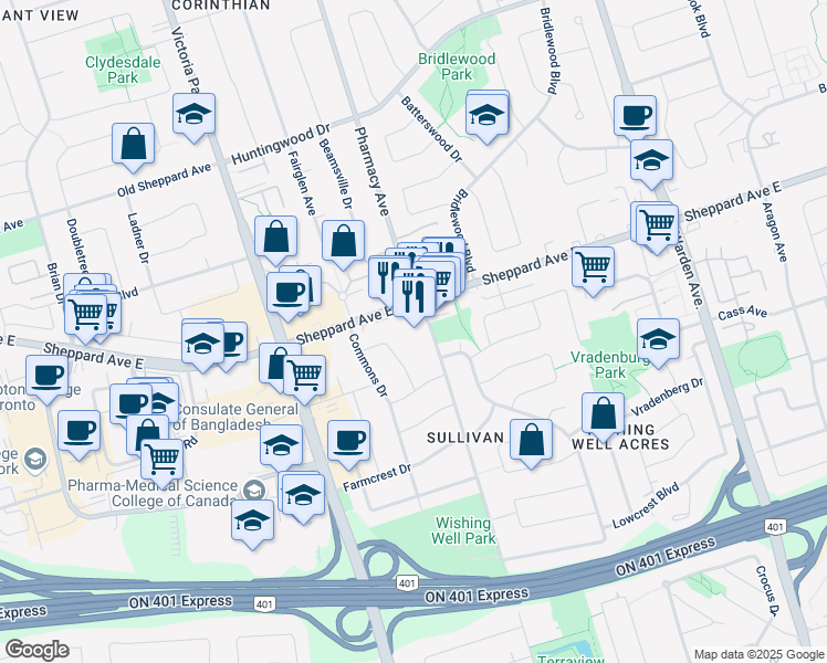 map of restaurants, bars, coffee shops, grocery stores, and more near in Toronto