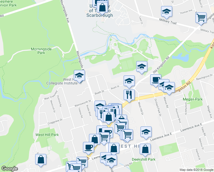map of restaurants, bars, coffee shops, grocery stores, and more near 34 Fairwood Crescent in Toronto