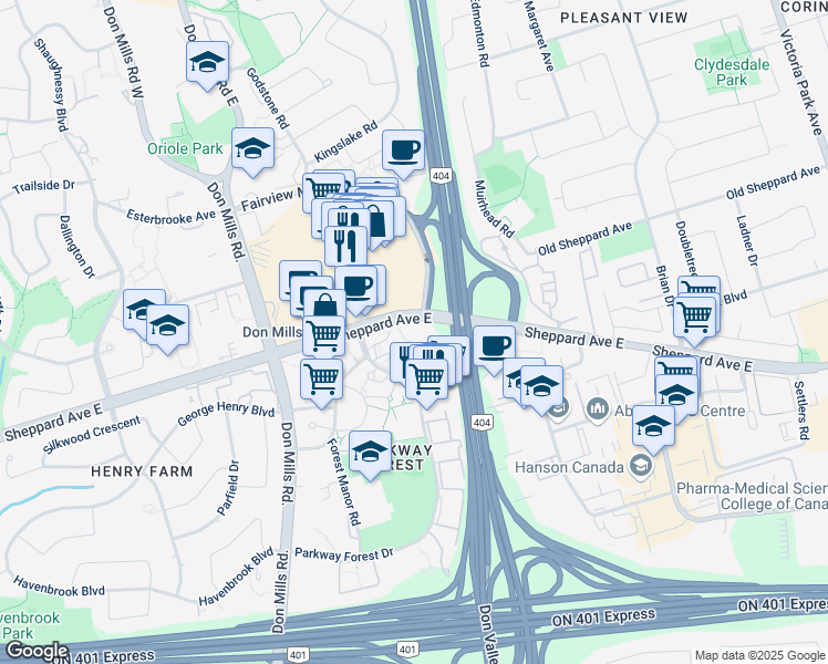 map of restaurants, bars, coffee shops, grocery stores, and more near 123 Parkway Forest Drive in Toronto