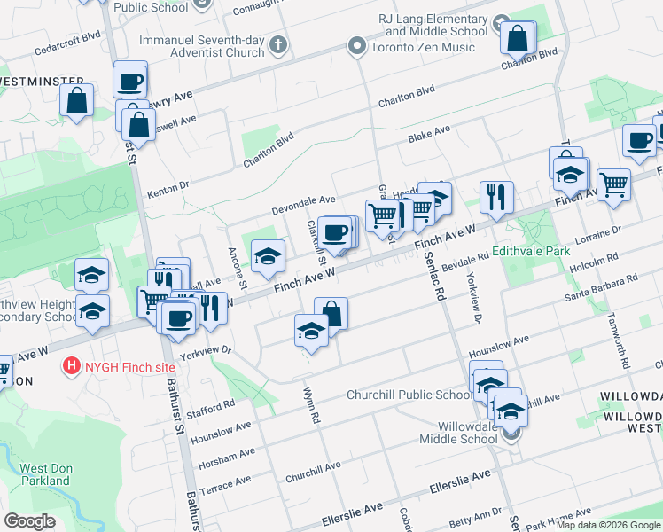 map of restaurants, bars, coffee shops, grocery stores, and more near 222 Finch Avenue West in Toronto