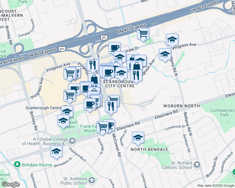 map of restaurants, bars, coffee shops, grocery stores, and more near 120 Grangeway Avenue in Toronto