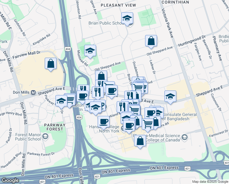 map of restaurants, bars, coffee shops, grocery stores, and more near 2 Boneset Road in Toronto