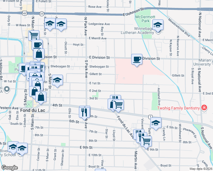 map of restaurants, bars, coffee shops, grocery stores, and more near 301 East 1st Street in Fond du Lac