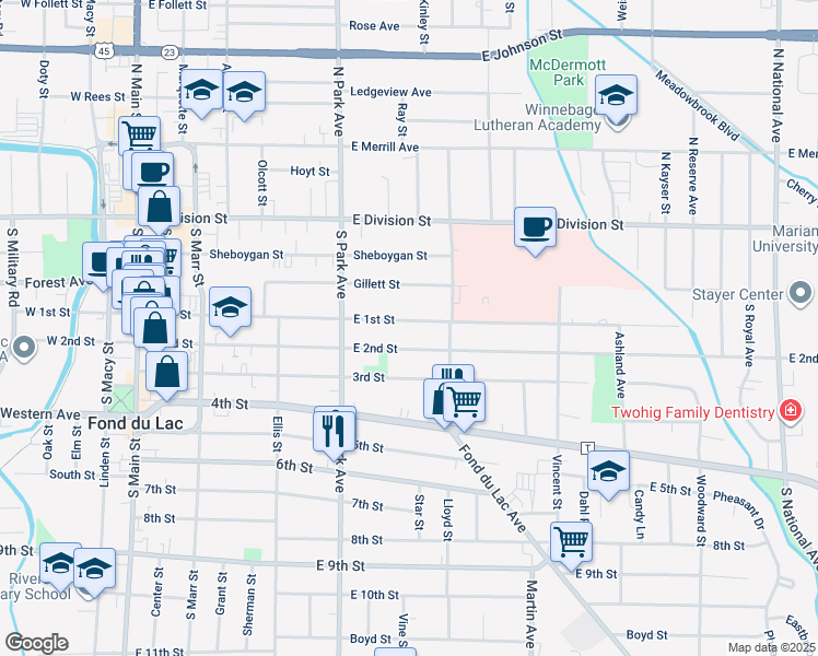 map of restaurants, bars, coffee shops, grocery stores, and more near 274 East 1st Street in Fond du Lac