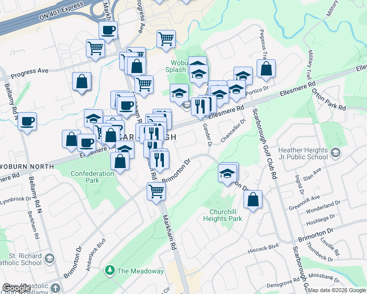 map of restaurants, bars, coffee shops, grocery stores, and more near Clementine Square in Toronto