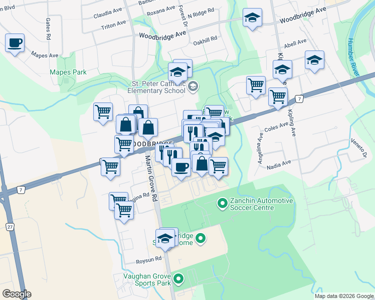 map of restaurants, bars, coffee shops, grocery stores, and more near 24 Woodstream Boulevard in Vaughan