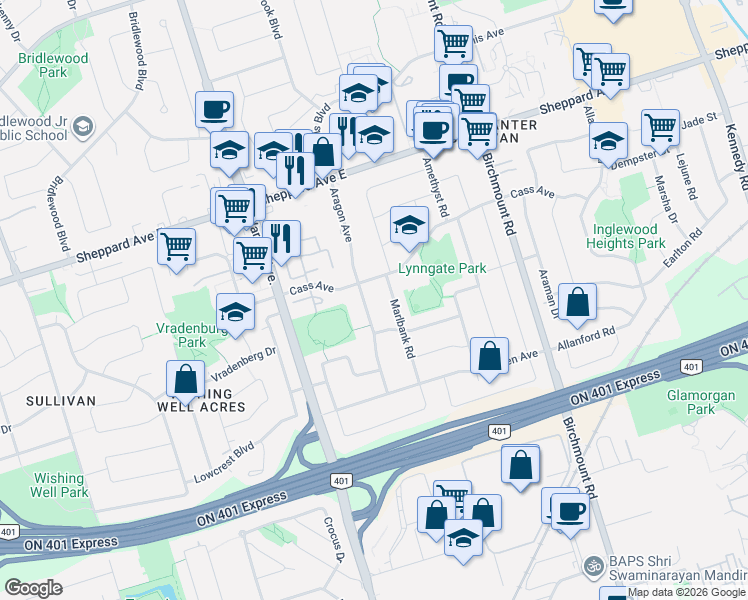 map of restaurants, bars, coffee shops, grocery stores, and more near in Toronto