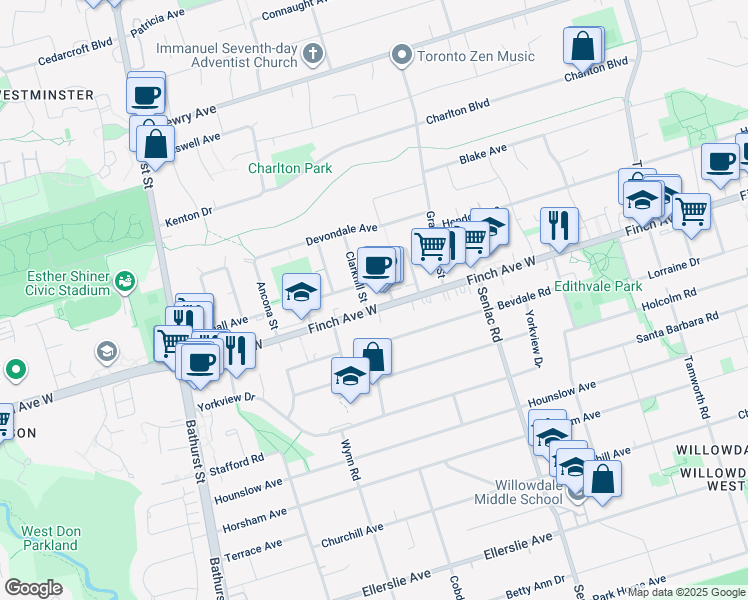 map of restaurants, bars, coffee shops, grocery stores, and more near in Toronto