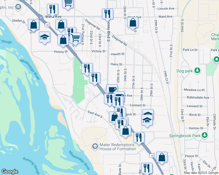 map of restaurants, bars, coffee shops, grocery stores, and more near in La Crosse
