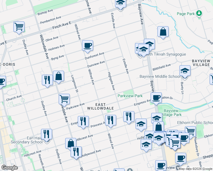 map of restaurants, bars, coffee shops, grocery stores, and more near 16 Wedgeport Place in Toronto