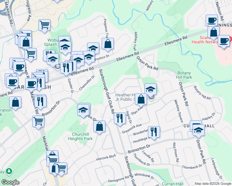 map of restaurants, bars, coffee shops, grocery stores, and more near 75 Milford Haven Drive in Toronto