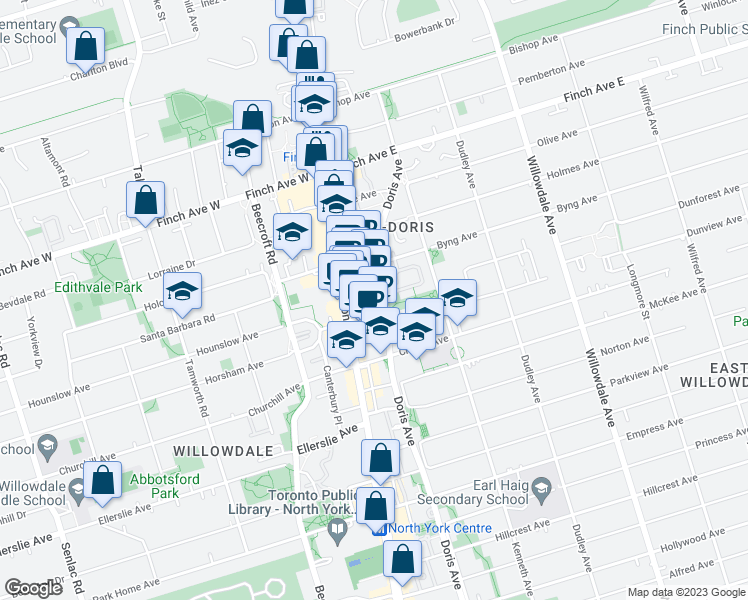 map of restaurants, bars, coffee shops, grocery stores, and more near 18 Doris Avenue in Toronto