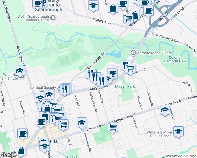 map of restaurants, bars, coffee shops, grocery stores, and more near 443 Manse Road in Toronto