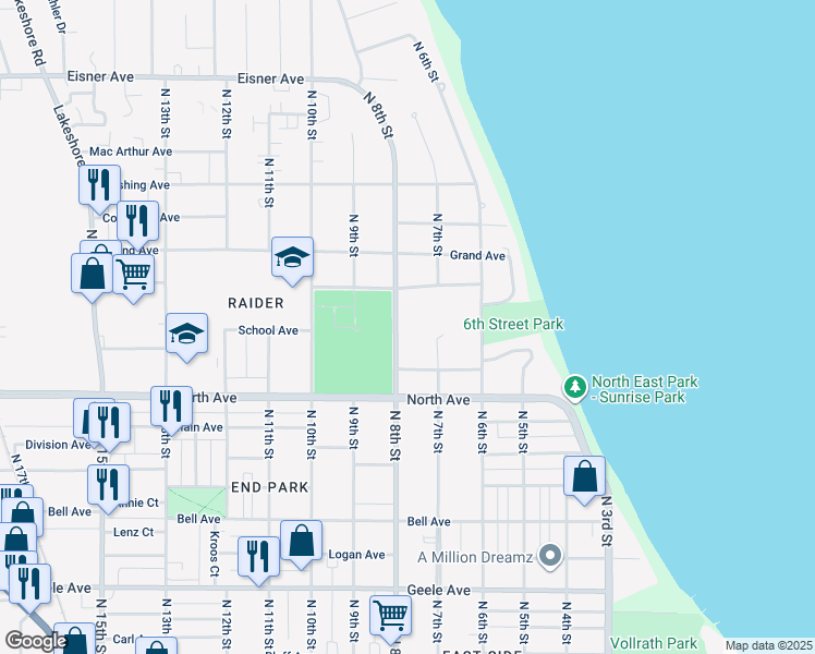 map of restaurants, bars, coffee shops, grocery stores, and more near 2819 N 8th St in Sheboygan