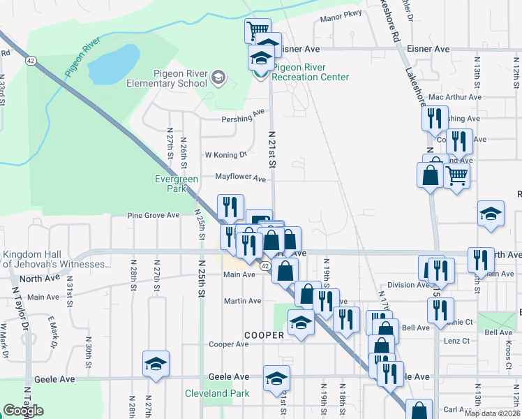 map of restaurants, bars, coffee shops, grocery stores, and more near 2105 Park Place in Sheboygan