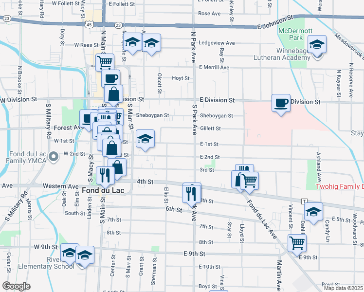 map of restaurants, bars, coffee shops, grocery stores, and more near 180 East 1st Street in Fond du Lac