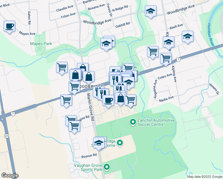 map of restaurants, bars, coffee shops, grocery stores, and more near 12 Woodstream Boulevard in Vaughan