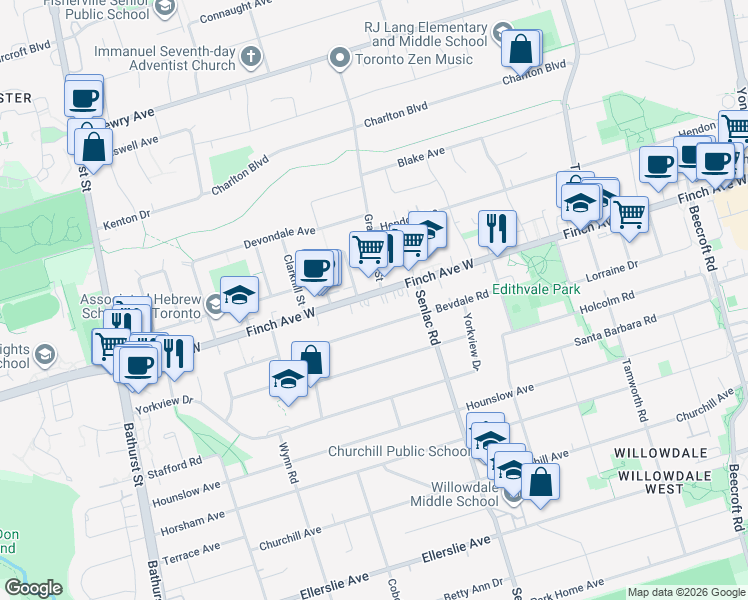 map of restaurants, bars, coffee shops, grocery stores, and more near 191 Finch Avenue West in Toronto