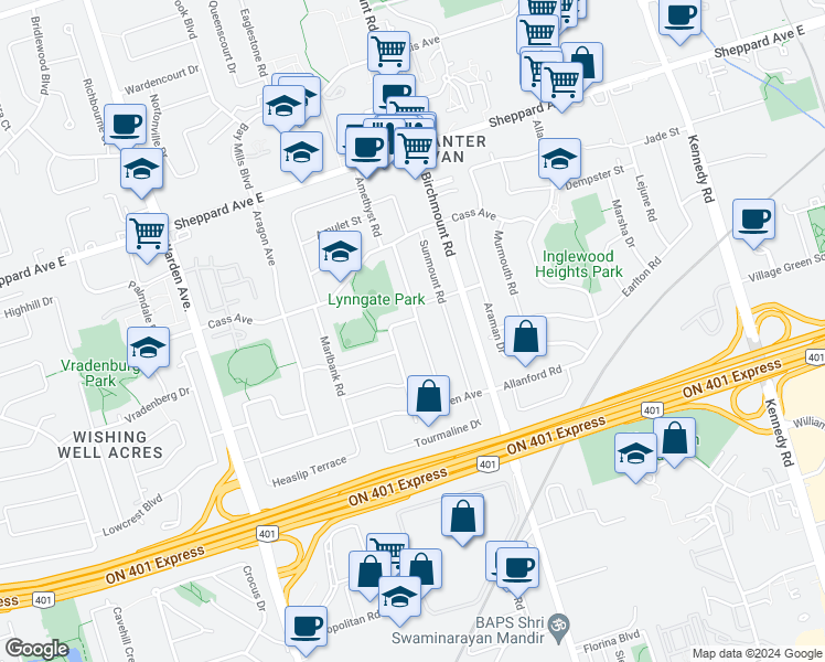 map of restaurants, bars, coffee shops, grocery stores, and more near 40 Moraine Hill Drive in Toronto