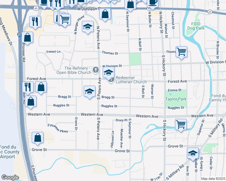 map of restaurants, bars, coffee shops, grocery stores, and more near 600 Emma Street in Fond du Lac