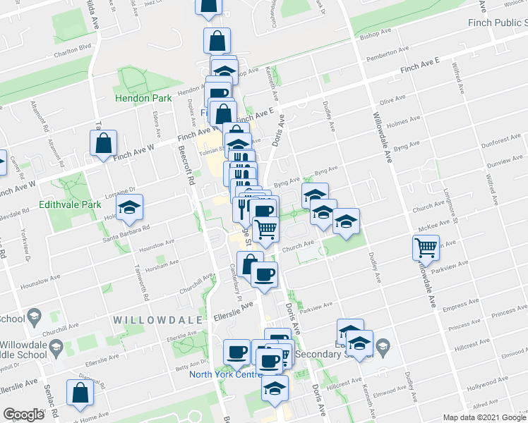 map of restaurants, bars, coffee shops, grocery stores, and more near 10 Northtown Way in Toronto