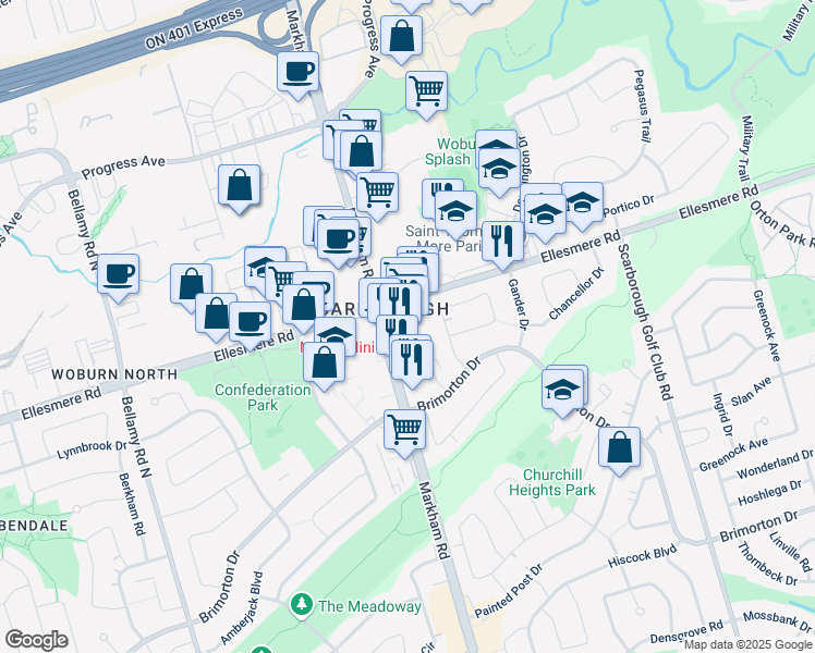 map of restaurants, bars, coffee shops, grocery stores, and more near 1133 Markham Road in Toronto