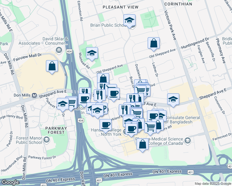 map of restaurants, bars, coffee shops, grocery stores, and more near 10 Boneset Road in Toronto