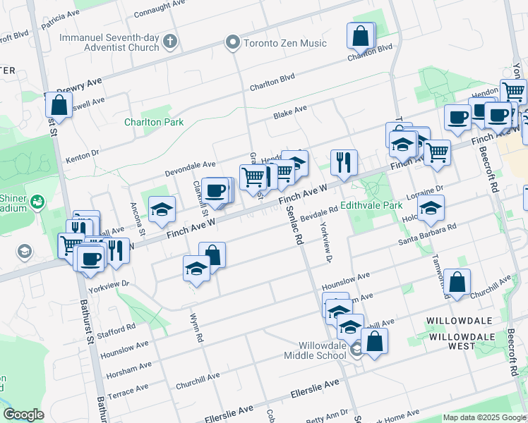 map of restaurants, bars, coffee shops, grocery stores, and more near in Toronto