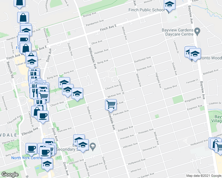 map of restaurants, bars, coffee shops, grocery stores, and more near 159 Church Avenue in Toronto