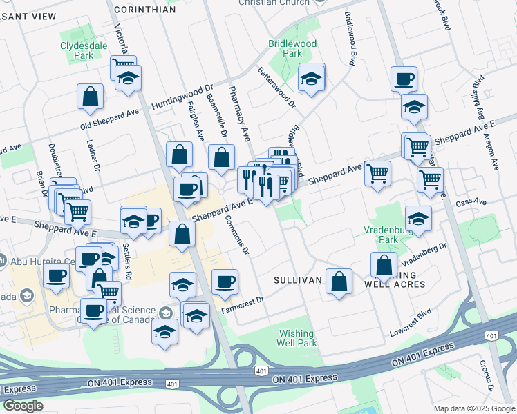map of restaurants, bars, coffee shops, grocery stores, and more near 2993 Sheppard Avenue East in Toronto