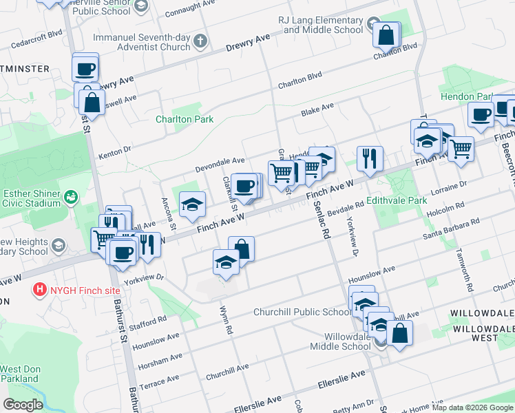 map of restaurants, bars, coffee shops, grocery stores, and more near 216B Finch Avenue West in Toronto