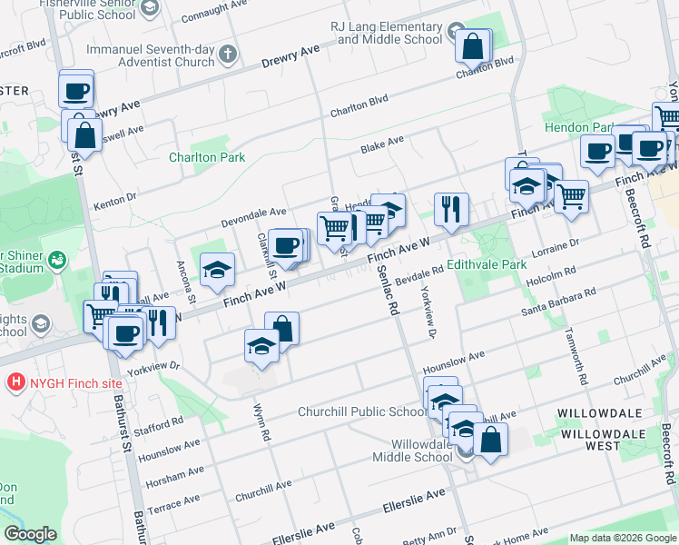 map of restaurants, bars, coffee shops, grocery stores, and more near 191 Finch Avenue West in Toronto