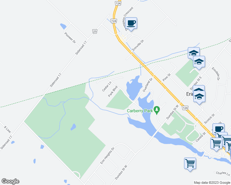 map of restaurants, bars, coffee shops, grocery stores, and more near 9 Park Boulevard in Erin