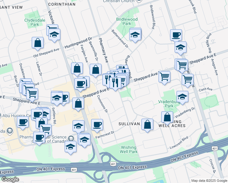map of restaurants, bars, coffee shops, grocery stores, and more near 3005 Sheppard Avenue East in Toronto