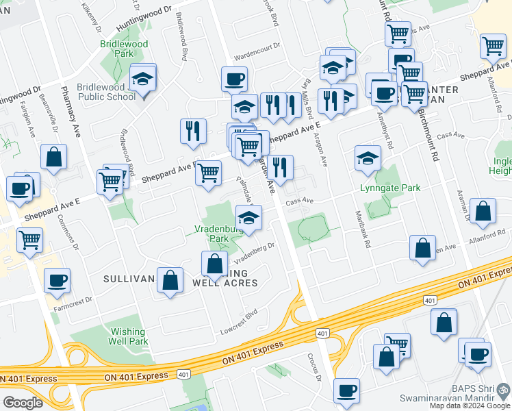 map of restaurants, bars, coffee shops, grocery stores, and more near 125 Palmdale Drive in Toronto