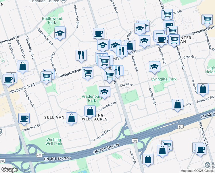 map of restaurants, bars, coffee shops, grocery stores, and more near 125 Palmdale Drive in Toronto
