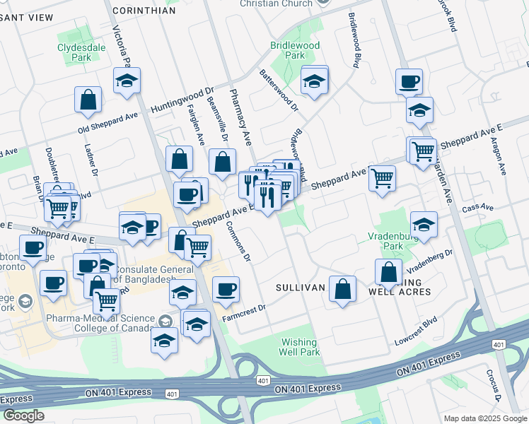 map of restaurants, bars, coffee shops, grocery stores, and more near in Toronto