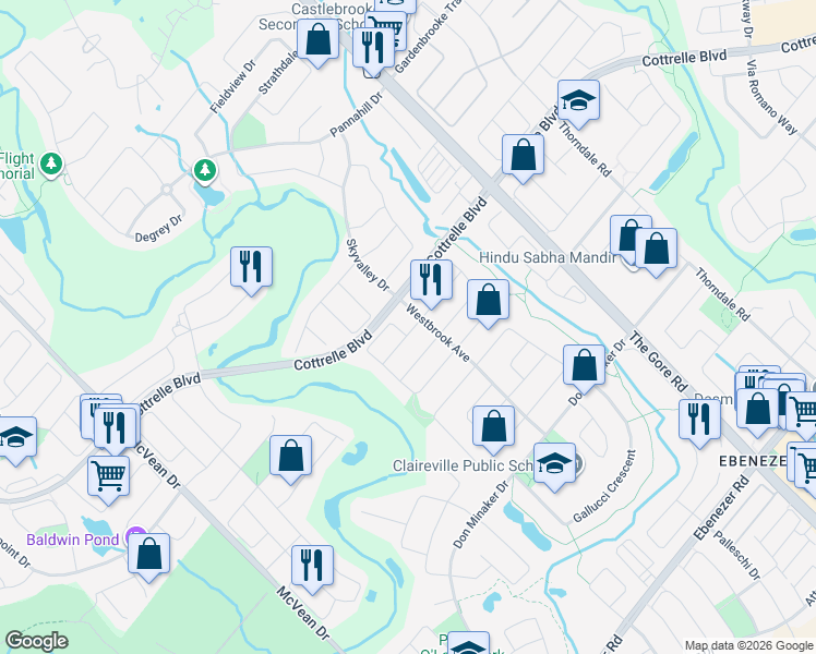 map of restaurants, bars, coffee shops, grocery stores, and more near 4 Invitational Road in Brampton